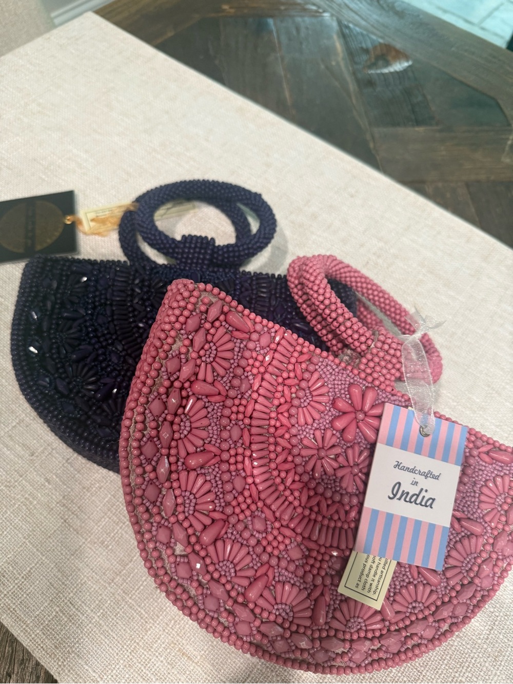 Handcrafted Beaded Half-Moon Handbags - Pink and Navy Buy Both - Picture 2 of 5
